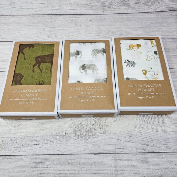 New in box Mudpie‎ Muslin Swaddle Blankets Set of 3 - Picture 1 of 8